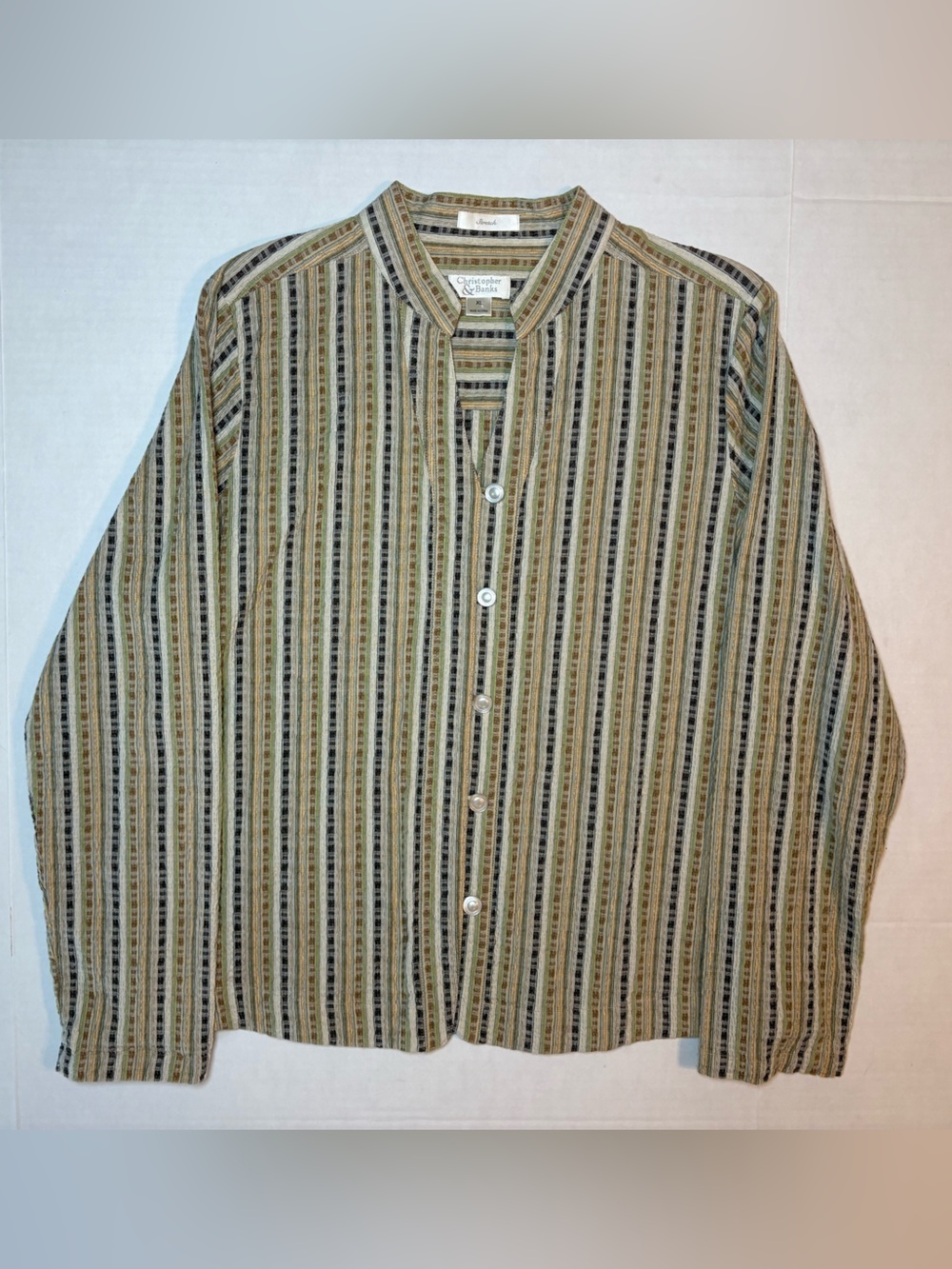 Christopher & Banks Vertical Stripe Mandarin Collar Long Sleeve Blouse Size 1X